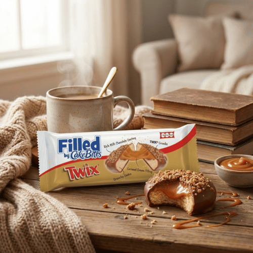 Weiße 60g-Packung „Filled by CakeBites Twix“ auf einem Holztisch neben Büchern und Kaffee. Ein aufgeschnittener Keks zeigt den flüssigen Karamellkern.
