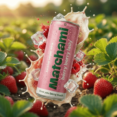Dynamisches Produktbild der rosa Matchami Berry Berry Lady Dose. Der vegane Iced Oat Drink ist umgeben von einem frischen Splash aus cremiger Hafermilch, Erdbeeren, Himbeeren und Eiswürfeln vor einem sonnigen Erdbeerfeld-Hintergrund.