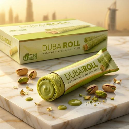 
Elvan Dubai Roll Pistachio Flavored Roll Wafer 18g – knusprige Dubai-Trend-Waffelrolle mit Pistazien-Aroma von Elvan 