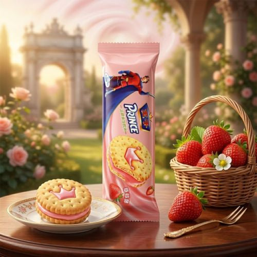 
Prince Sandwich Biscuit Strawberry Flavor 92g – pinke China-Import-Packung mit Weizengebäck und Erdbeercreme-Füllung 