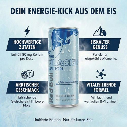 Infografik der Red Bull Glacier Edition Gletschereis-Himbeere mit Details zu 80mg Koffein, Taurin und B-Vitaminen für einen Energie-Kick.