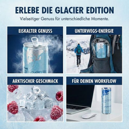 Collage zur Red Bull Glacier Edition zeigt verschiedene Nutzungsmöglichkeiten: eiskalter Genuss, Energie beim Wandern und Fokus im Home-Office.