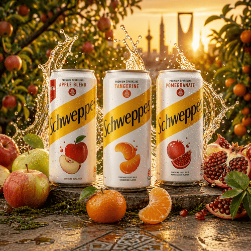 Schweppes Premium Sparkling Trio mit Apfel, Mandarine und Granatapfel vor fruchtigem Hintergrund, erfrischendes Getränk mit Wow-Effekt