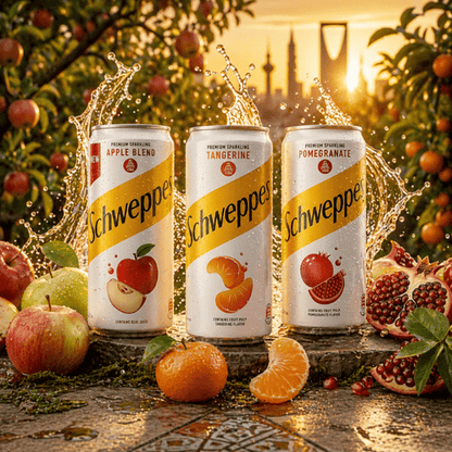 Schweppes Premium Sparkling Trio mit Apfel, Mandarine und Granatapfel vor fruchtigem Hintergrund, erfrischendes Getränk mit Wow-Effekt
