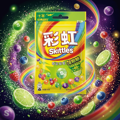 Skittles Sour Powder Candy China Import 40 g – gelbes Tütchen mit sauren Fruchtbonbons und Zitronensäure-Coating